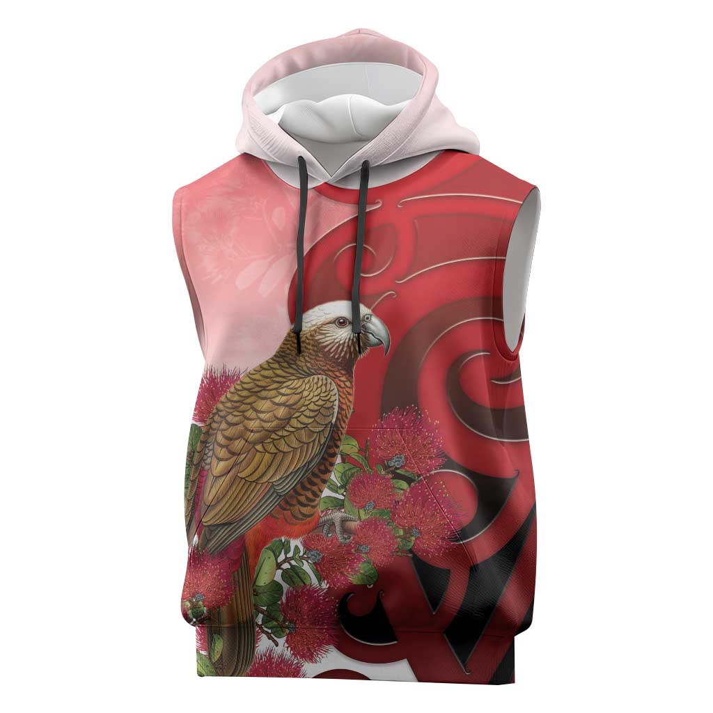 New Zealand Parrot Kaka Sleeveless Hoodie Maori Koru With Pohutukawa Flowers - Polynesian Pride