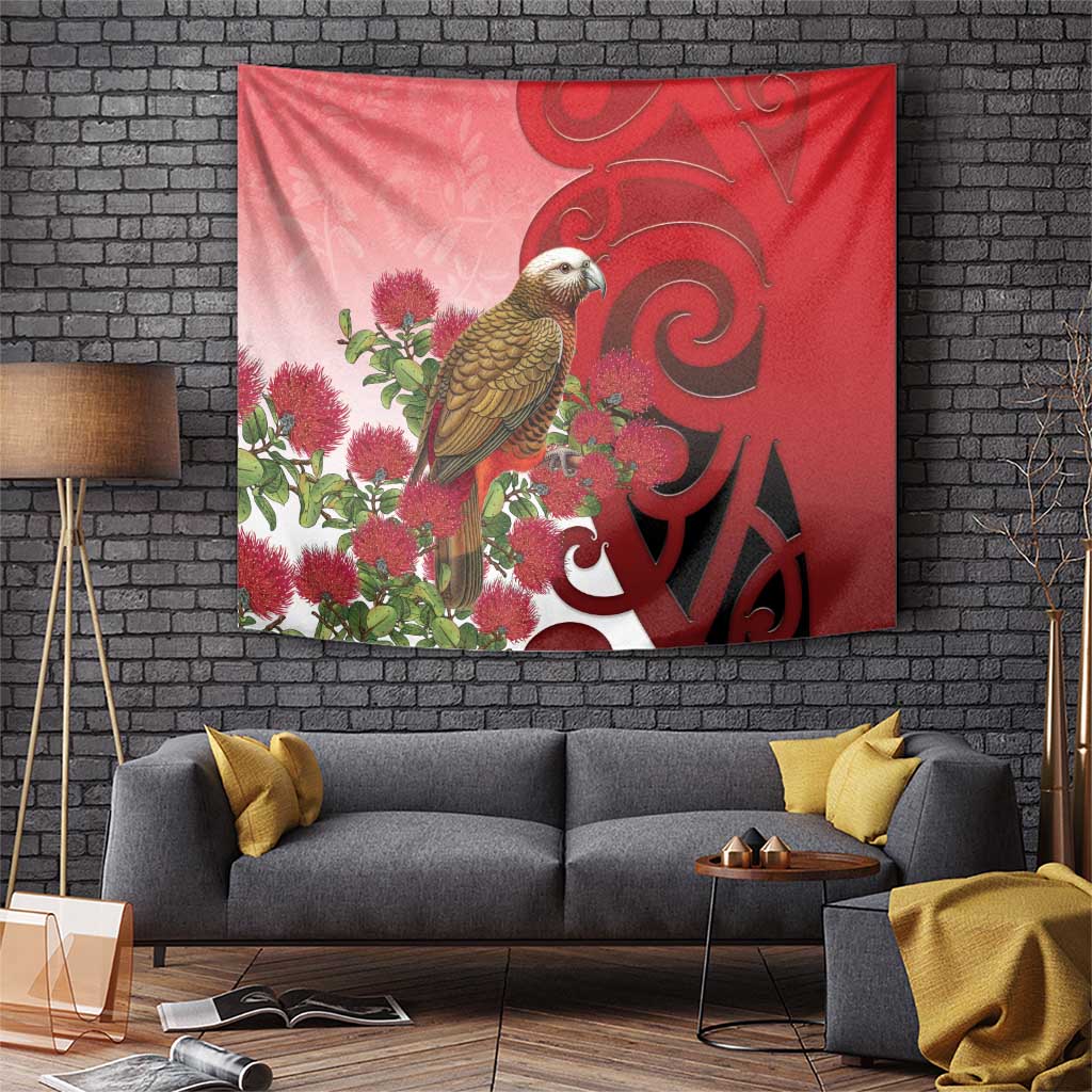 New Zealand Parrot Kaka Tapestry Maori Koru With Pohutukawa Flowers LT05 Red - Polynesian Pride