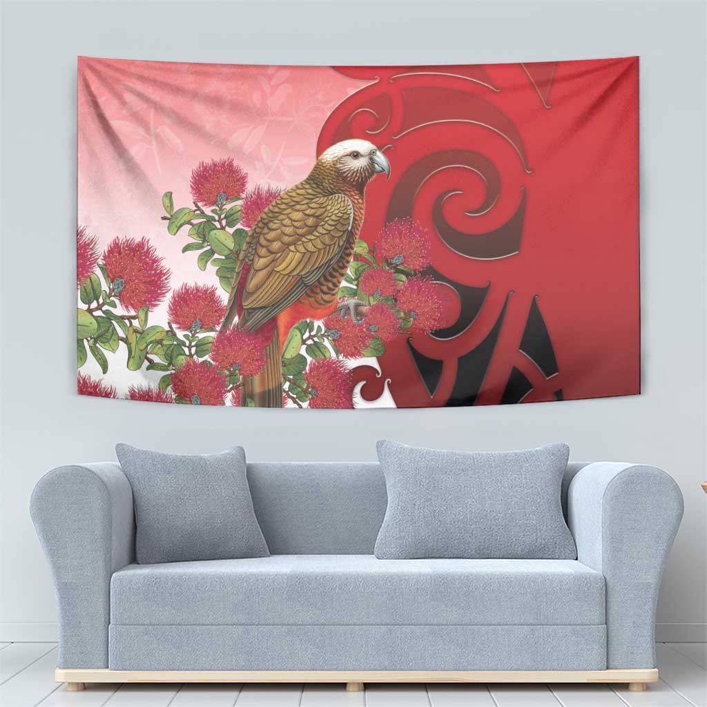 New Zealand Parrot Kaka Tapestry Maori Koru With Pohutukawa Flowers LT05 - Polynesian Pride