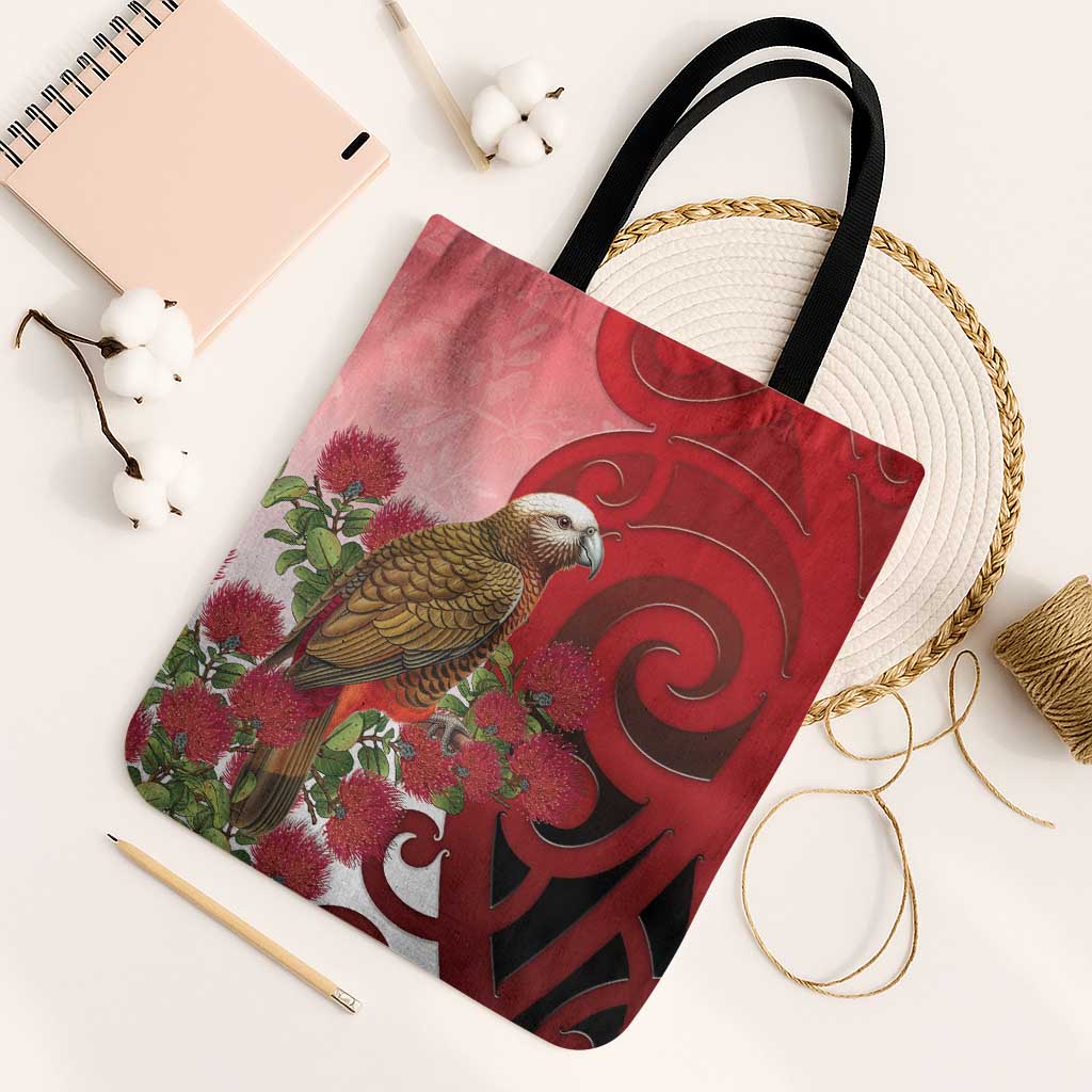 New Zealand Parrot Kaka Tote Bag Maori Koru With Pohutukawa Flowers - Polynesian Pride