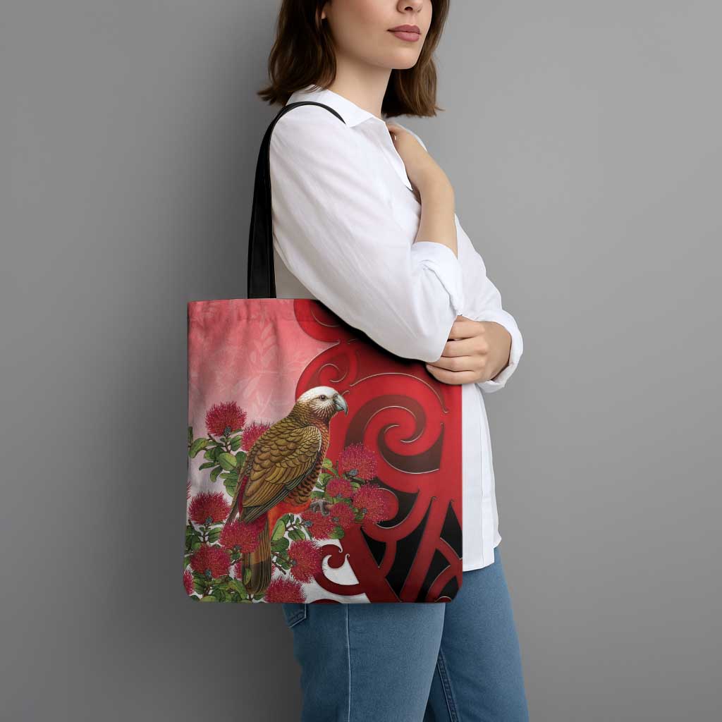 New Zealand Parrot Kaka Tote Bag Maori Koru With Pohutukawa Flowers - Polynesian Pride