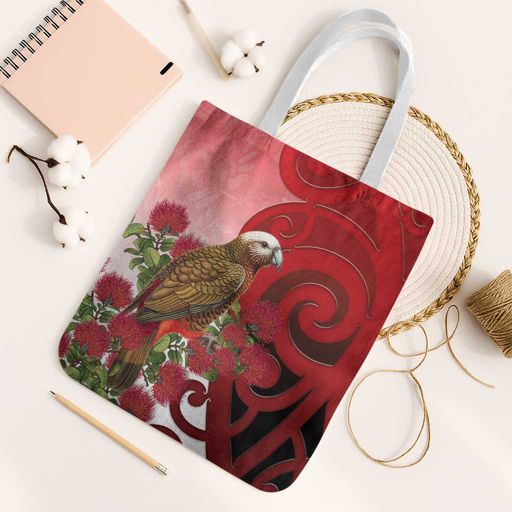 New Zealand Parrot Kaka Tote Bag Maori Koru With Pohutukawa Flowers - Polynesian Pride