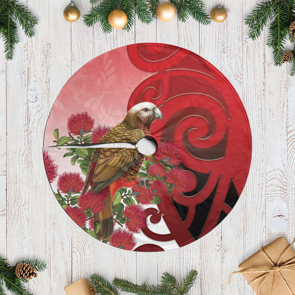 New Zealand Parrot Kaka Tree Skirt Maori Koru With Pohutukawa Flowers LT05 Casual Red - Polynesian Pride
