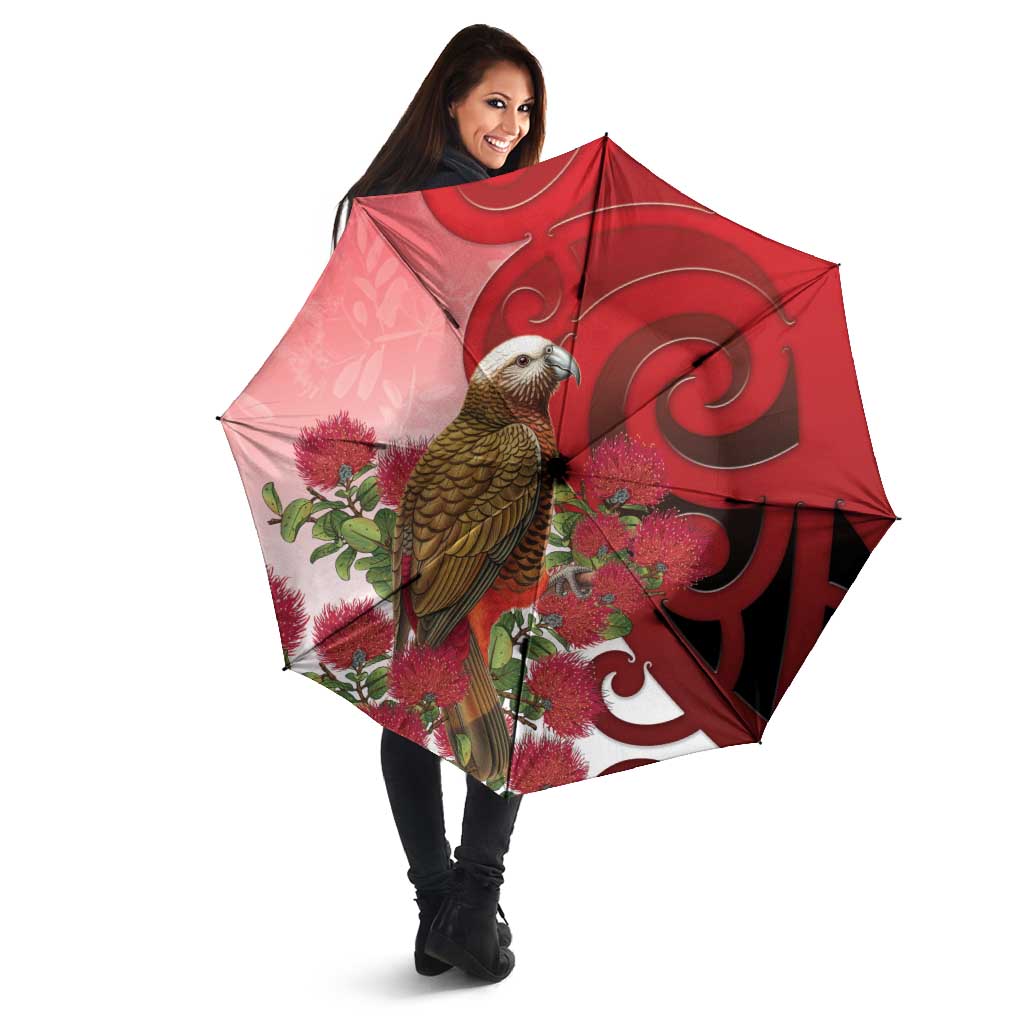 New Zealand Parrot Kaka Umbrella Maori Koru With Pohutukawa Flowers - Polynesian Pride