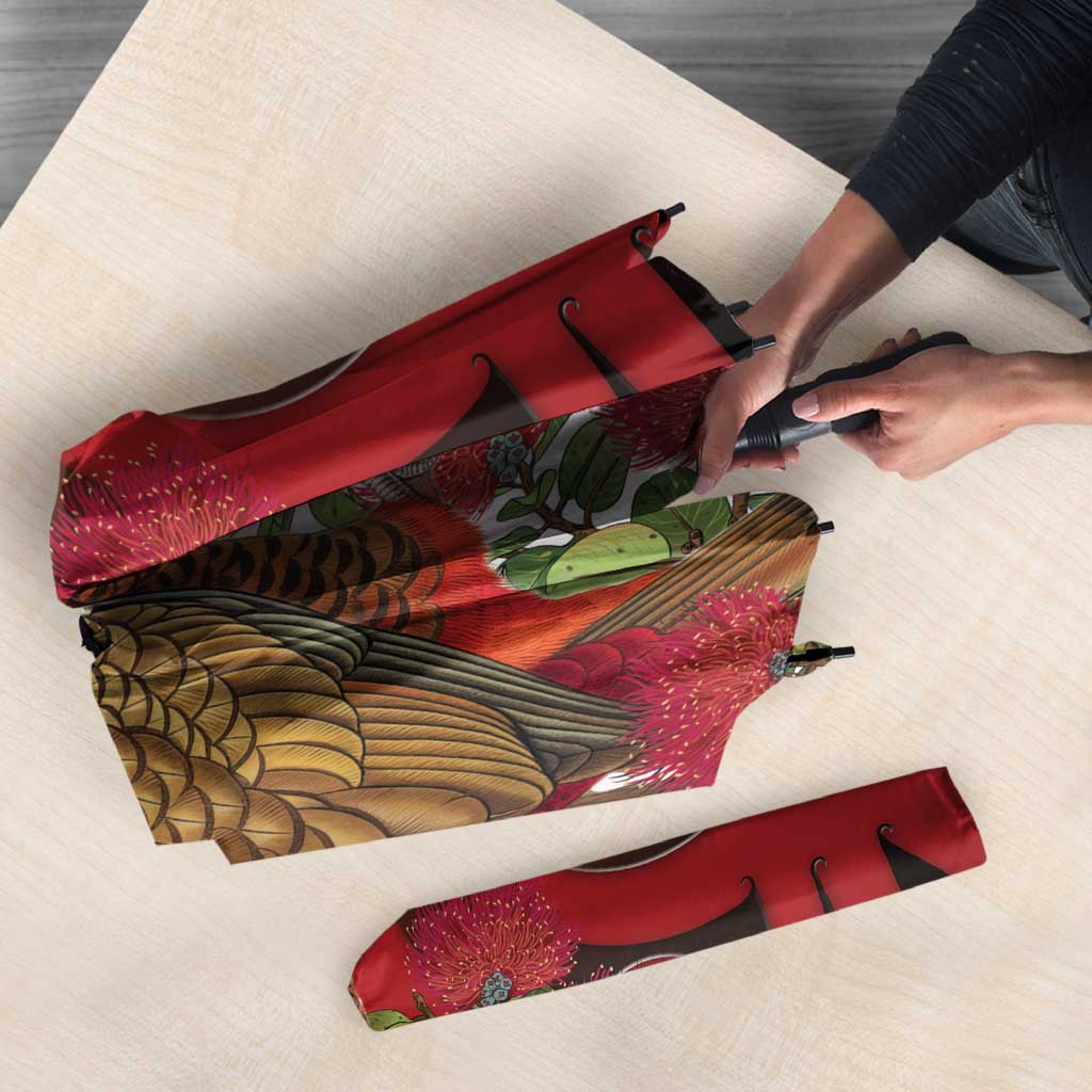 New Zealand Parrot Kaka Umbrella Maori Koru With Pohutukawa Flowers - Polynesian Pride