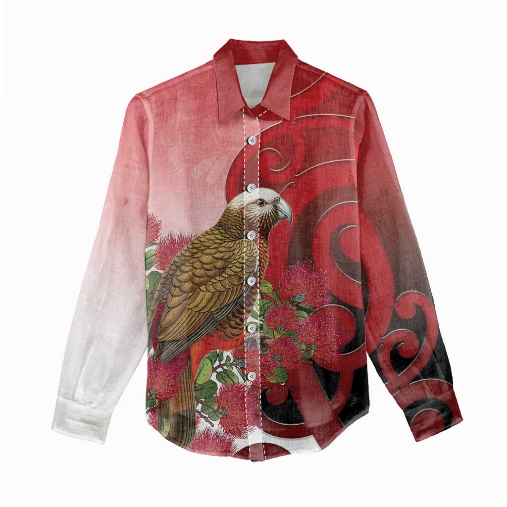New Zealand Parrot Kaka Women Casual Shirt Maori Koru With Pohutukawa Flowers - Polynesian Pride
