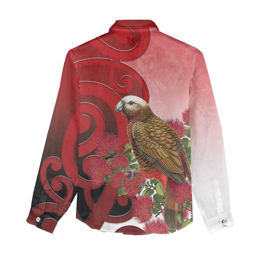 New Zealand Parrot Kaka Women Casual Shirt Maori Koru With Pohutukawa Flowers - Polynesian Pride
