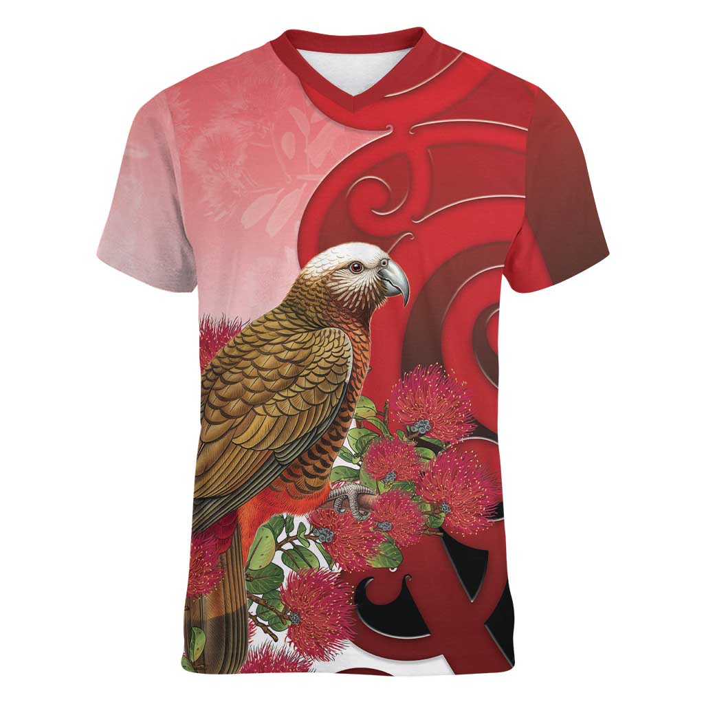 New Zealand Parrot Kaka Women V-Neck T-Shirt Maori Koru With Pohutukawa Flowers LT05 Female Red - Polynesian Pride