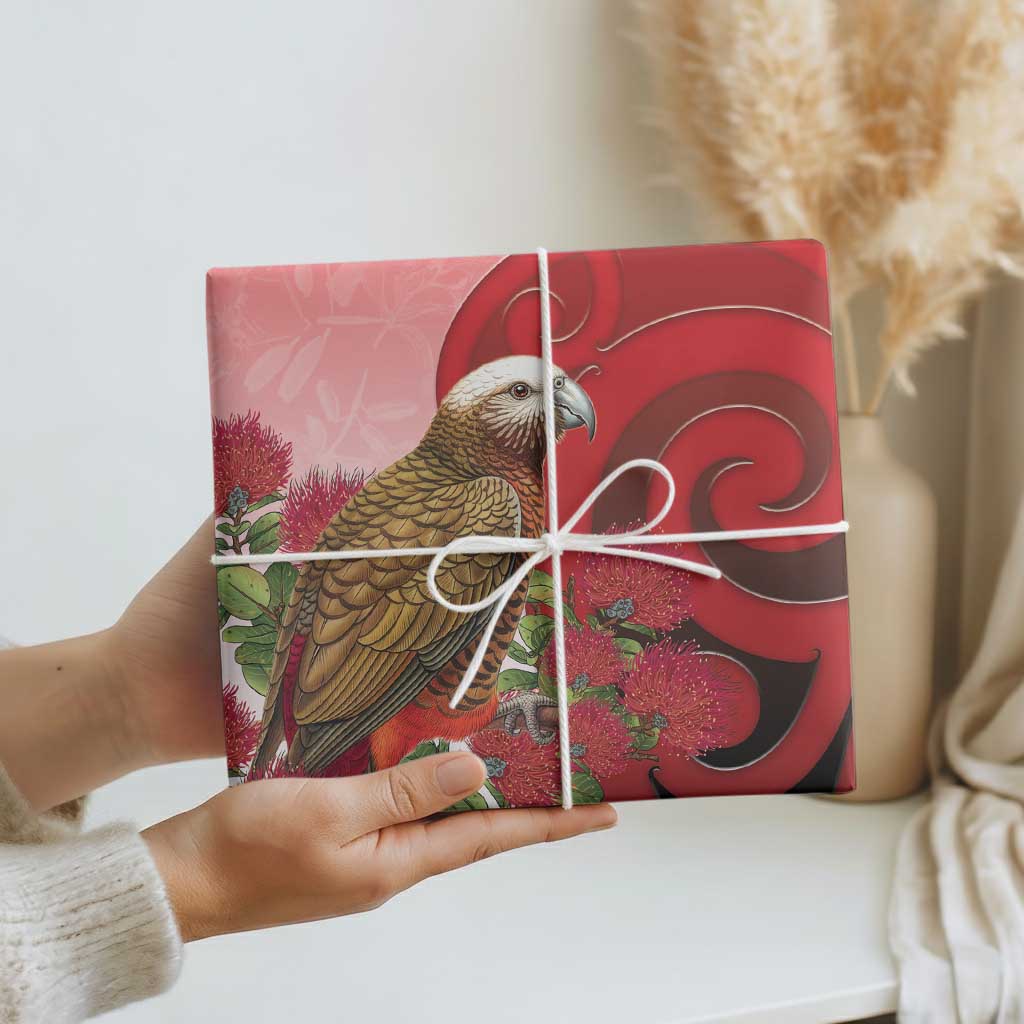 New Zealand Parrot Kaka Wrapping Paper Maori Koru With Pohutukawa Flowers LT05 - Polynesian Pride