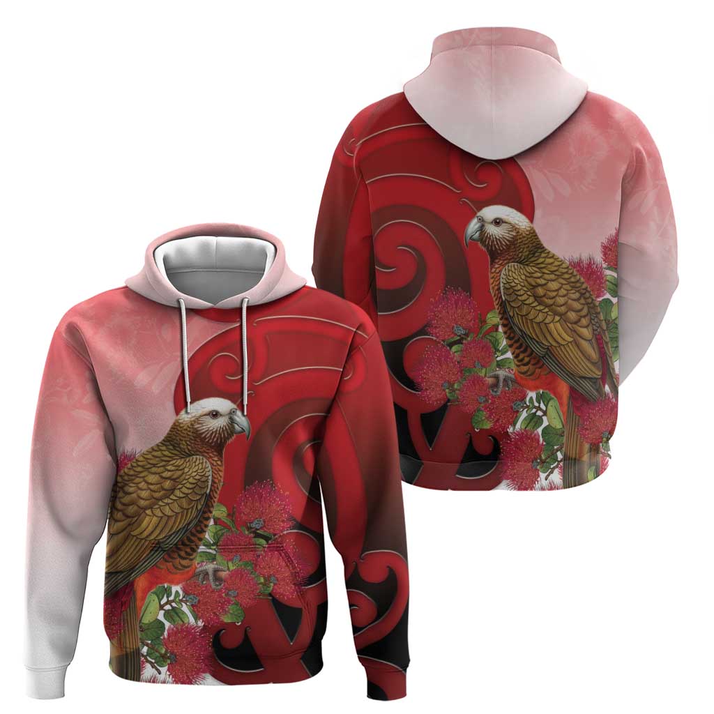 New Zealand Parrot Kaka Zip Hoodie Maori Koru With Pohutukawa Flowers LT05 - Polynesian Pride