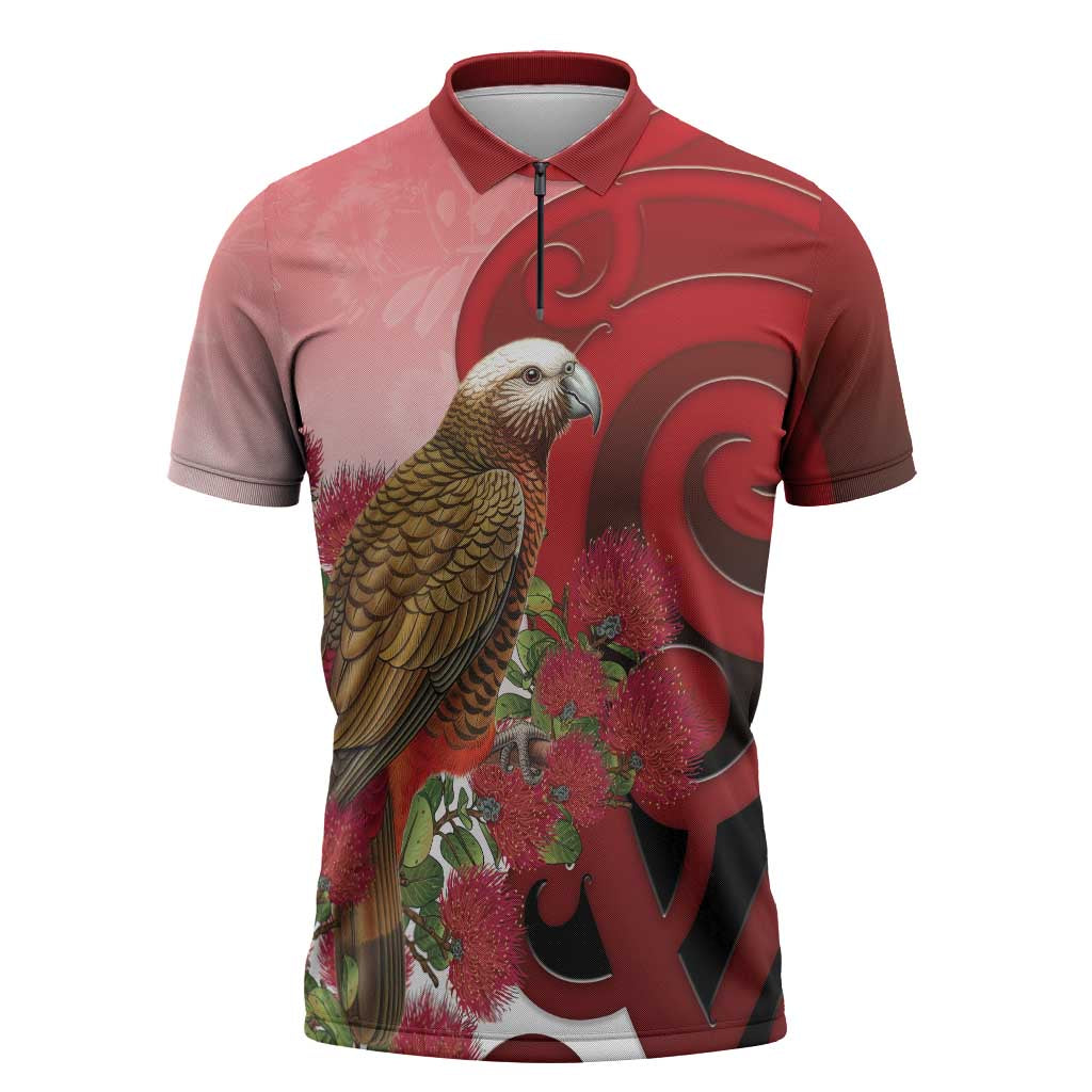 New Zealand Parrot Kaka Zipper Polo Shirt Maori Koru With Pohutukawa Flowers LT05 Red - Polynesian Pride