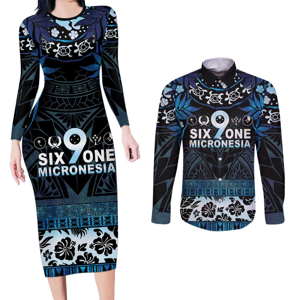Micronesia FSM 691 Couples Matching Long Sleeve Bodycon Dress and Long Sleeve Button Shirt Respect Culture LT05 Blue - Polynesian Pride