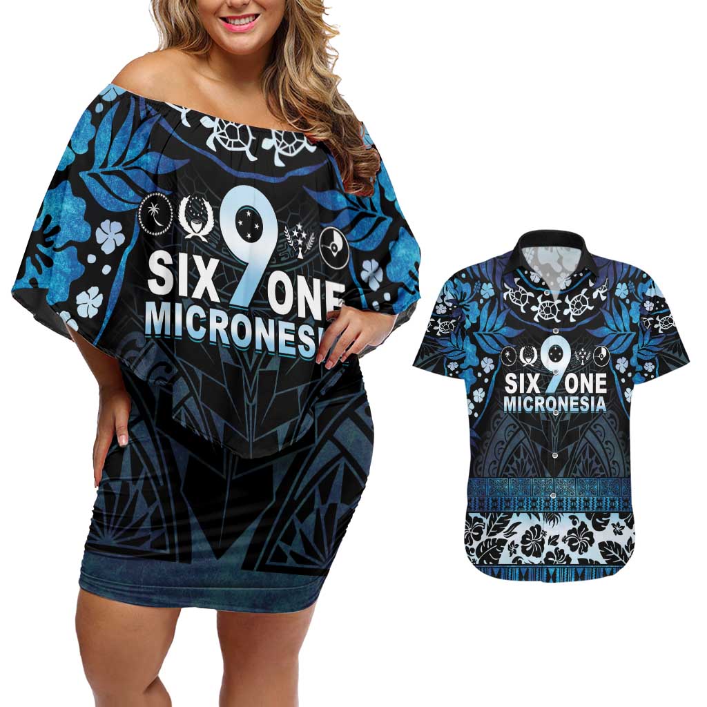 Micronesia FSM 691 Couples Matching Off Shoulder Short Dress and Hawaiian Shirt Respect Culture LT05 Blue - Polynesian Pride