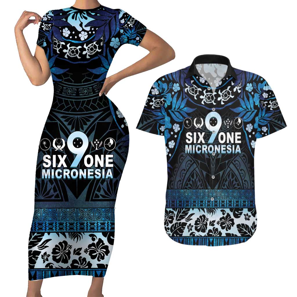 Micronesia FSM 691 Couples Matching Short Sleeve Bodycon Dress and Hawaiian Shirt Respect Culture LT05 Blue - Polynesian Pride