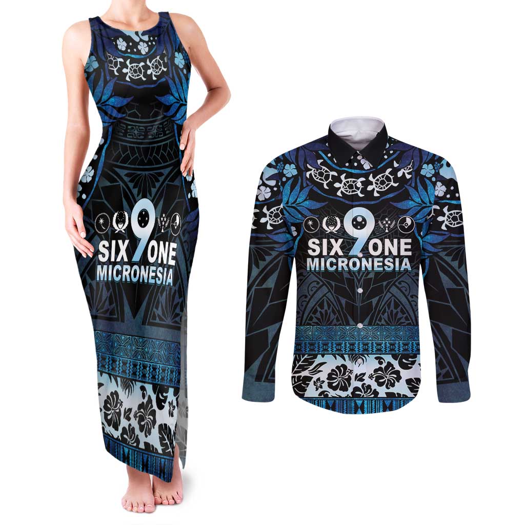 Micronesia FSM 691 Couples Matching Tank Maxi Dress and Long Sleeve Button Shirt Respect Culture LT05 Blue - Polynesian Pride