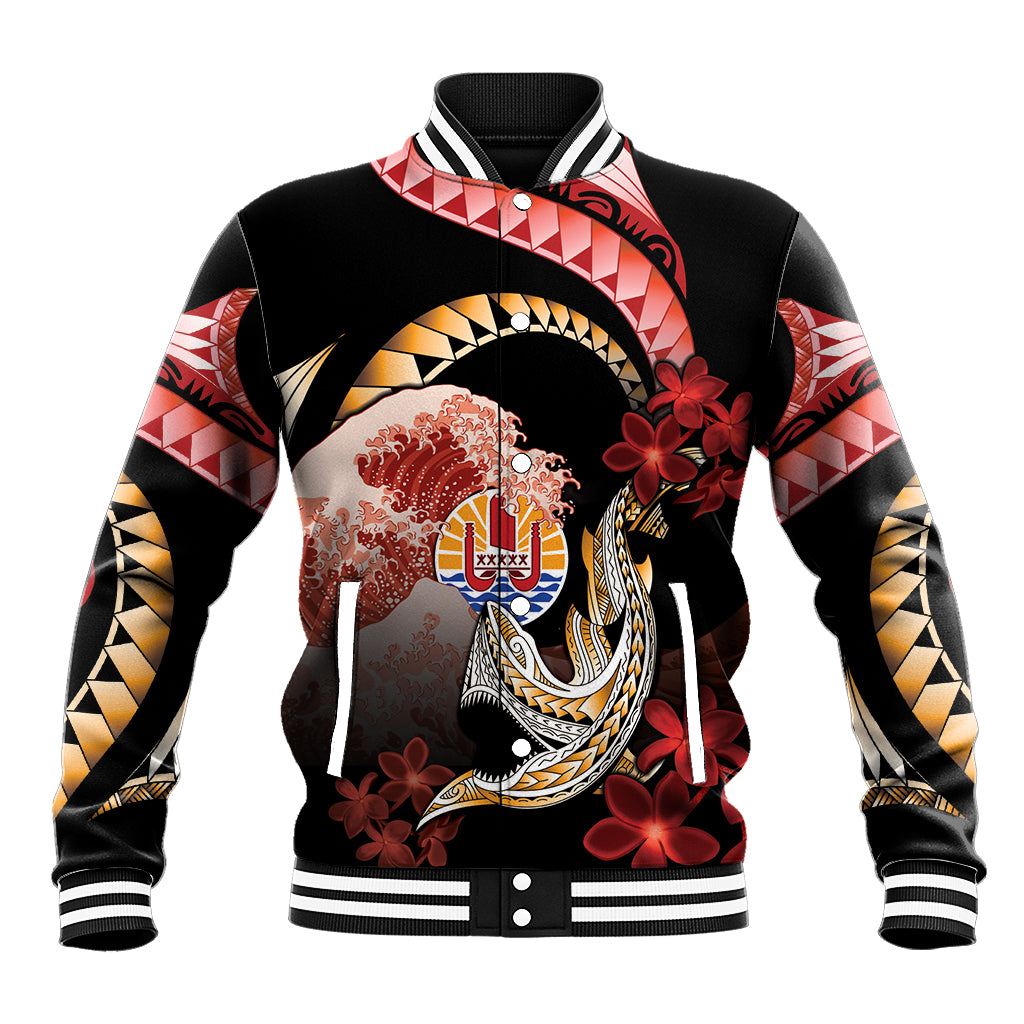 Personalised French Polynesia Victory Day Baseball Jacket Polynesian Pattern Plumeria LT05 Unisex Black - Polynesian Pride