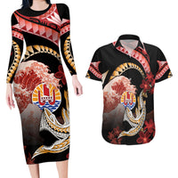 Personalised French Polynesia Victory Day Couples Matching Long Sleeve Bodycon Dress and Hawaiian Shirt Polynesian Pattern Plumeria LT05 Black - Polynesian Pride