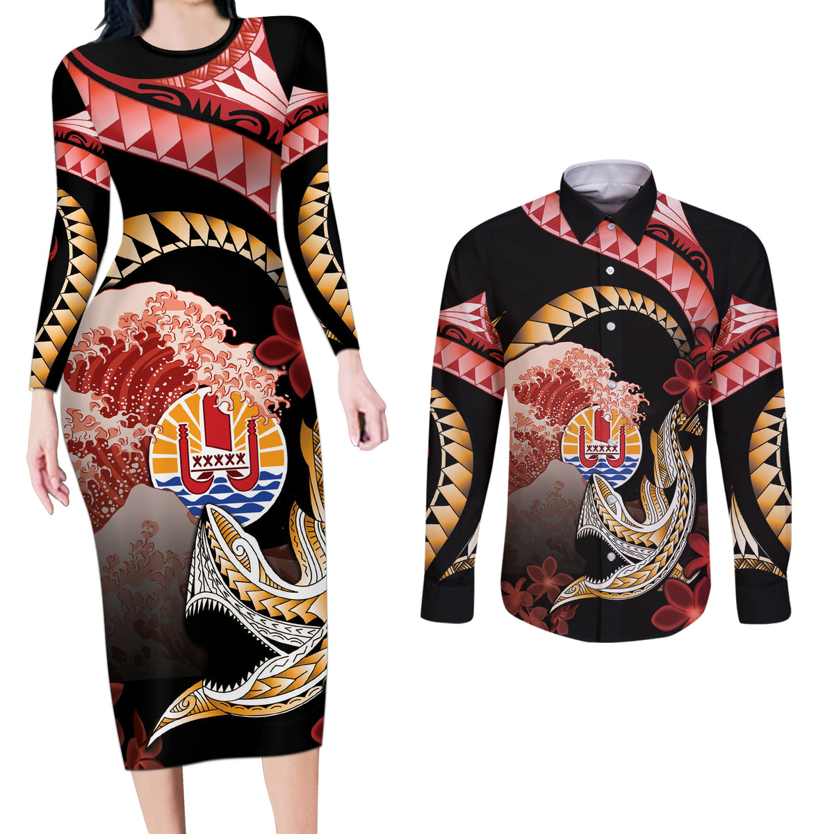 Personalised French Polynesia Victory Day Couples Matching Long Sleeve Bodycon Dress and Long Sleeve Button Shirt Polynesian Pattern Plumeria LT05 Black - Polynesian Pride