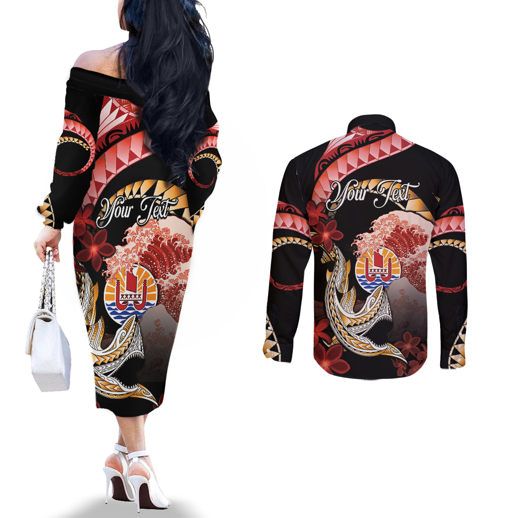 Personalised French Polynesia Victory Day Couples Matching Off The Shoulder Long Sleeve Dress and Long Sleeve Button Shirt Polynesian Pattern Plumeria LT05 - Polynesian Pride