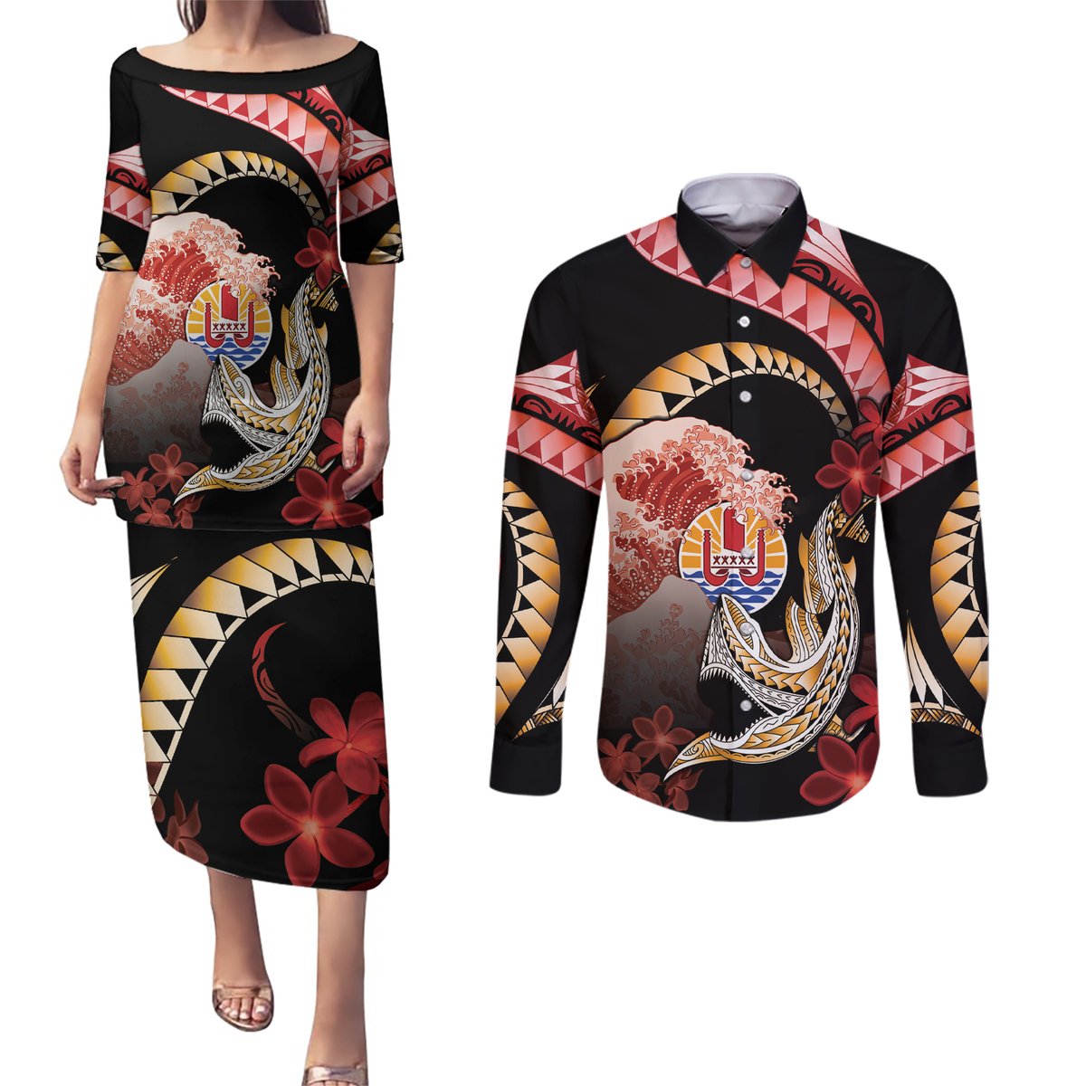 Personalised French Polynesia Victory Day Couples Matching Puletasi and Long Sleeve Button Shirt Polynesian Pattern Plumeria LT05 Black - Polynesian Pride