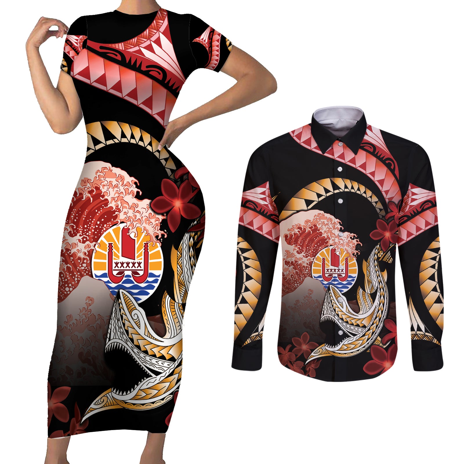 Personalised French Polynesia Victory Day Couples Matching Short Sleeve Bodycon Dress and Long Sleeve Button Shirt Polynesian Pattern Plumeria LT05 Black - Polynesian Pride
