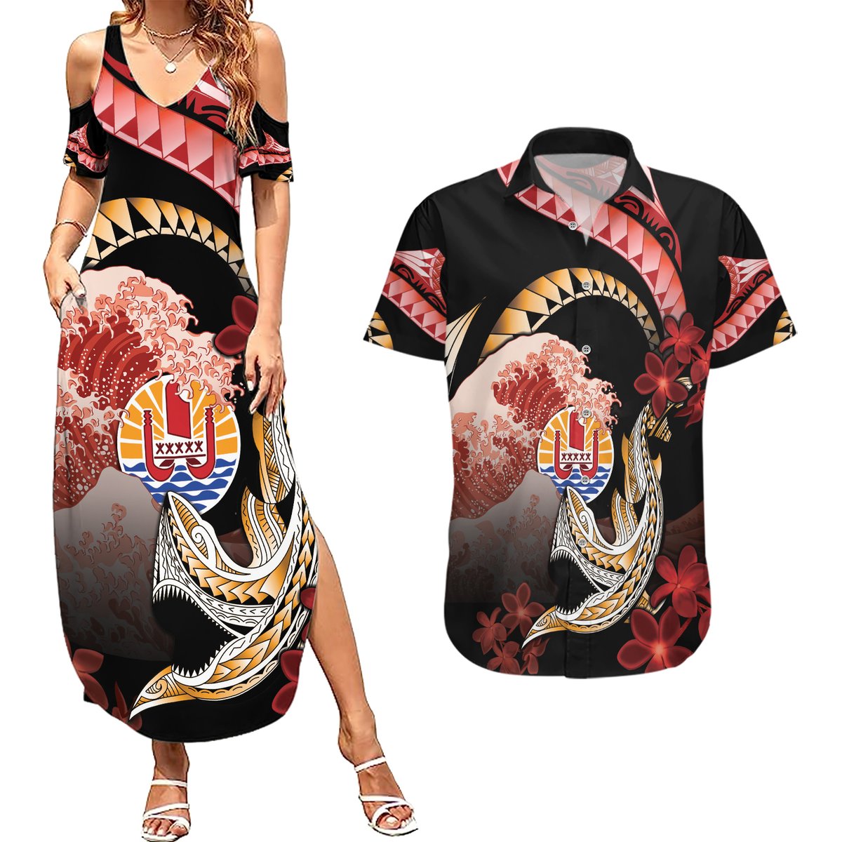 Personalised French Polynesia Victory Day Couples Matching Summer Maxi Dress and Hawaiian Shirt Polynesian Pattern Plumeria LT05 Black - Polynesian Pride