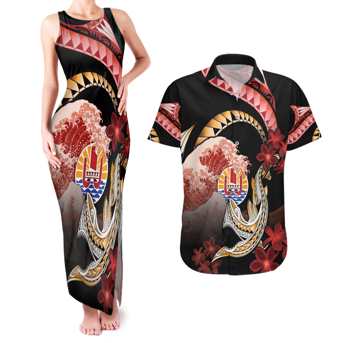 Personalised French Polynesia Victory Day Couples Matching Tank Maxi Dress and Hawaiian Shirt Polynesian Pattern Plumeria LT05 Black - Polynesian Pride