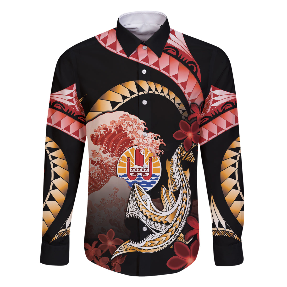 Personalised French Polynesia Victory Day Family Matching Long Sleeve Bodycon Dress and Hawaiian Shirt Polynesian Pattern Plumeria