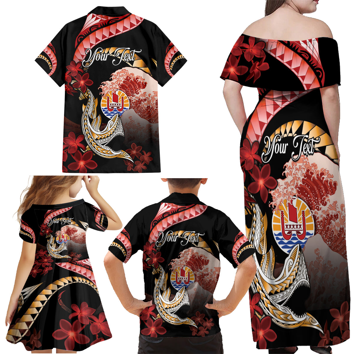 Personalised French Polynesia Victory Day Family Matching Off Shoulder Maxi Dress and Hawaiian Shirt Polynesian Pattern Plumeria LT05 - Polynesian Pride