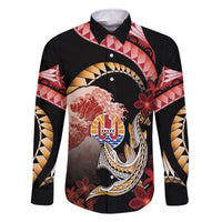 Personalised French Polynesia Victory Day Family Matching Off Shoulder Maxi Dress and Hawaiian Shirt Polynesian Pattern Plumeria LT05 Dad's Shirt - Long Sleeve Black - Polynesian Pride