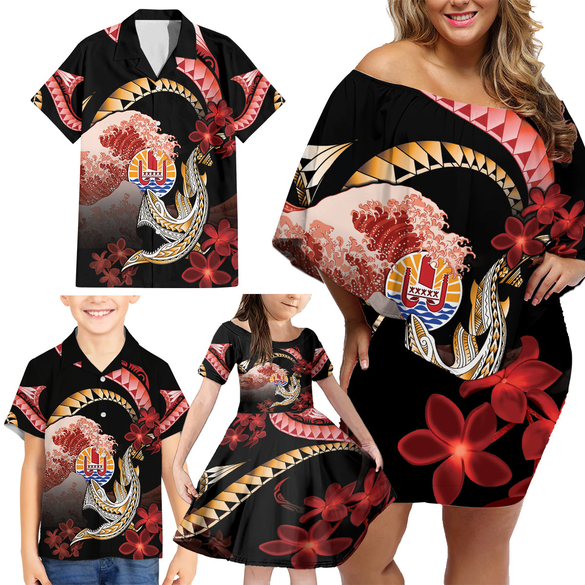 Personalised French Polynesia Victory Day Family Matching Off Shoulder Short Dress and Hawaiian Shirt Polynesian Pattern Plumeria LT05 - Polynesian Pride