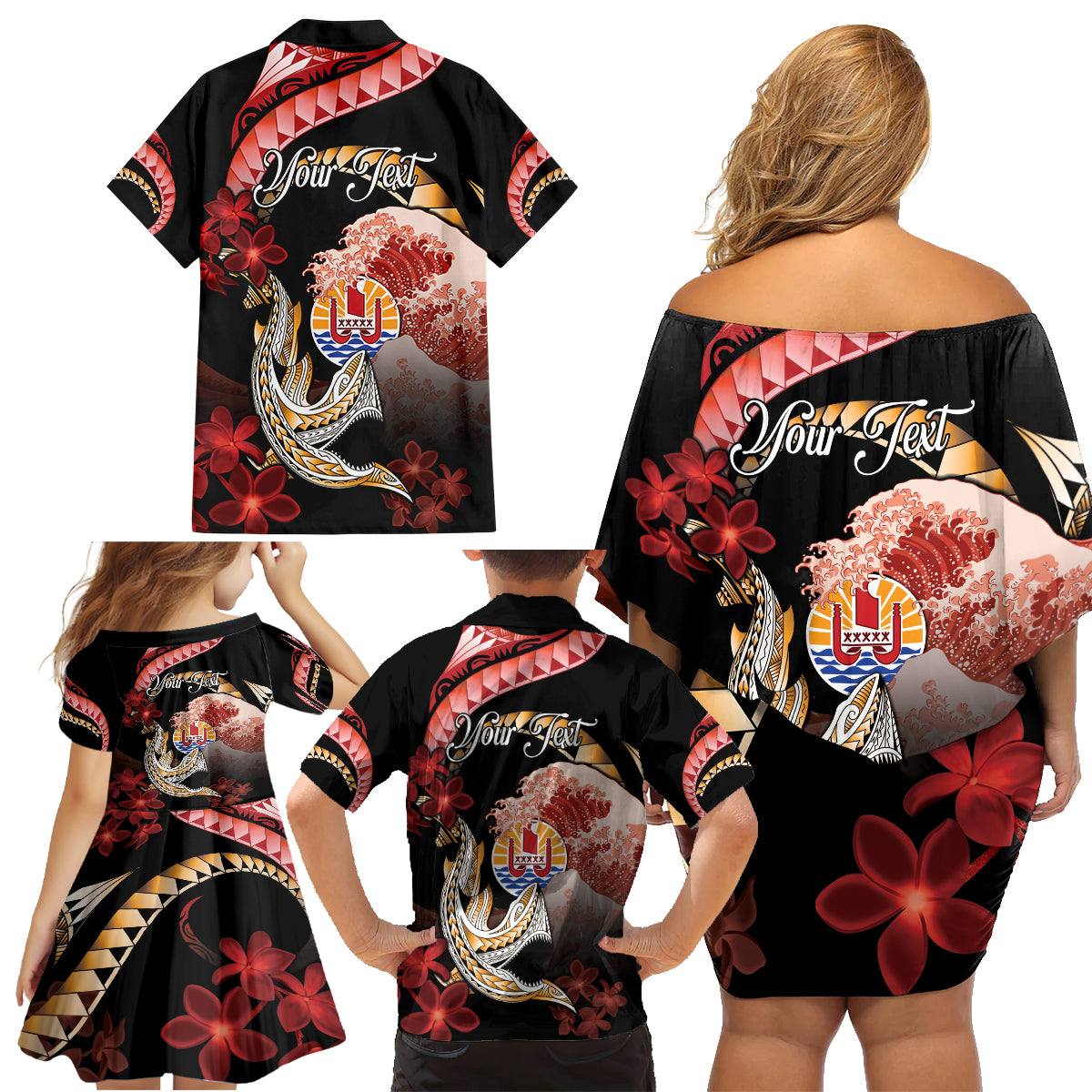 Personalised French Polynesia Victory Day Family Matching Off Shoulder Short Dress and Hawaiian Shirt Polynesian Pattern Plumeria LT05 - Polynesian Pride