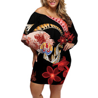 Personalised French Polynesia Victory Day Family Matching Off Shoulder Short Dress and Hawaiian Shirt Polynesian Pattern Plumeria LT05 Mom's Dress Black - Polynesian Pride