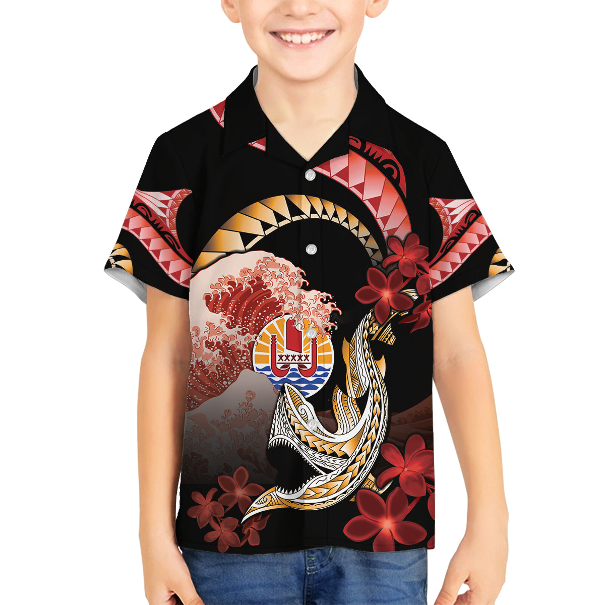 Personalised French Polynesia Victory Day Family Matching Off Shoulder Short Dress and Hawaiian Shirt Polynesian Pattern Plumeria LT05 Son's Shirt Black - Polynesian Pride