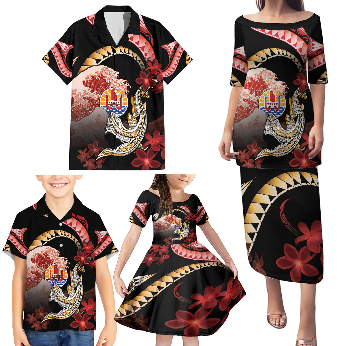Personalised French Polynesia Victory Day Family Matching Puletasi and Hawaiian Shirt Polynesian Pattern Plumeria LT05 - Polynesian Pride
