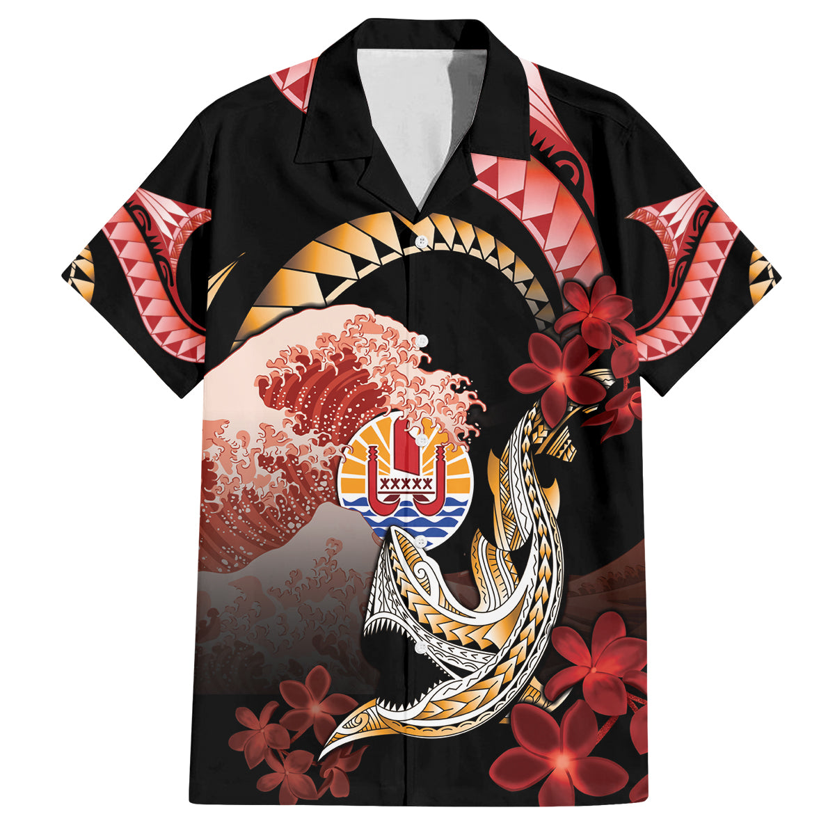 Personalised French Polynesia Victory Day Family Matching Puletasi and Hawaiian Shirt Polynesian Pattern Plumeria LT05 Dad's Shirt - Short Sleeve Black - Polynesian Pride