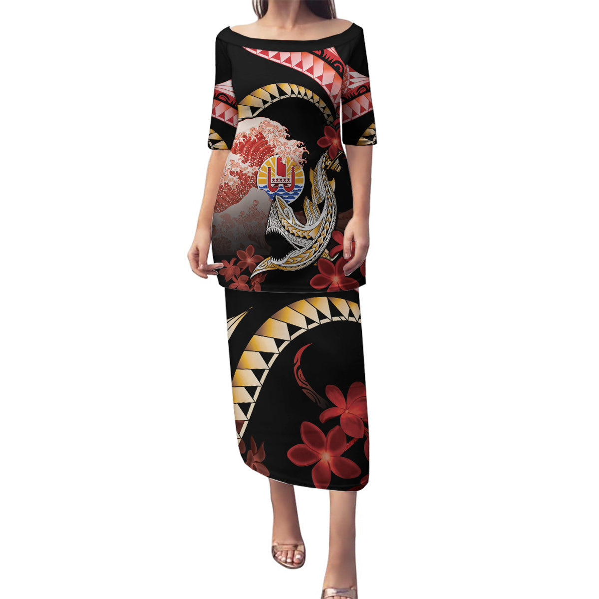 Personalised French Polynesia Victory Day Family Matching Puletasi and Hawaiian Shirt Polynesian Pattern Plumeria LT05 Mom's Dress Black - Polynesian Pride