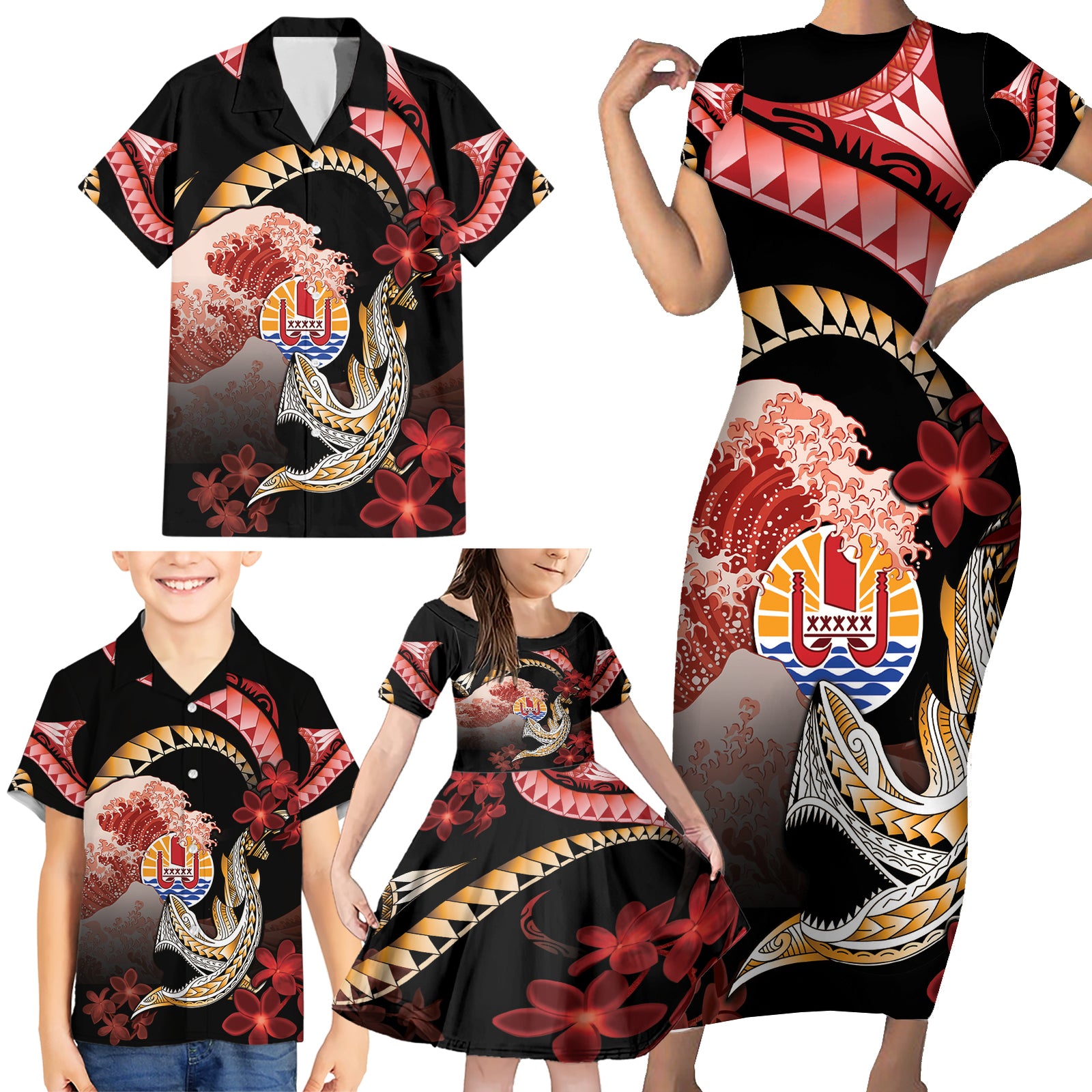 Personalised French Polynesia Victory Day Family Matching Short Sleeve Bodycon Dress and Hawaiian Shirt Polynesian Pattern Plumeria LT05 - Polynesian Pride