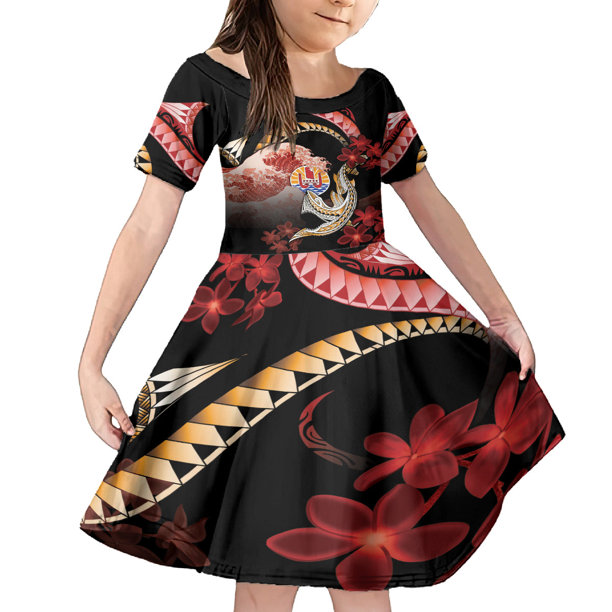 Personalised French Polynesia Victory Day Family Matching Summer Maxi Dress and Hawaiian Shirt Polynesian Pattern Plumeria LT05 Daughter's Dress Black - Polynesian Pride