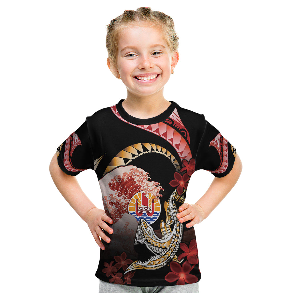 Personalised French Polynesia Victory Day Kid T Shirt Polynesian Pattern Plumeria LT05 Black - Polynesian Pride