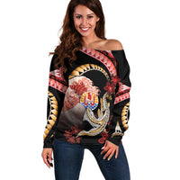 Personalised French Polynesia Victory Day Off Shoulder Sweater Polynesian Pattern Plumeria LT05 Women Black - Polynesian Pride