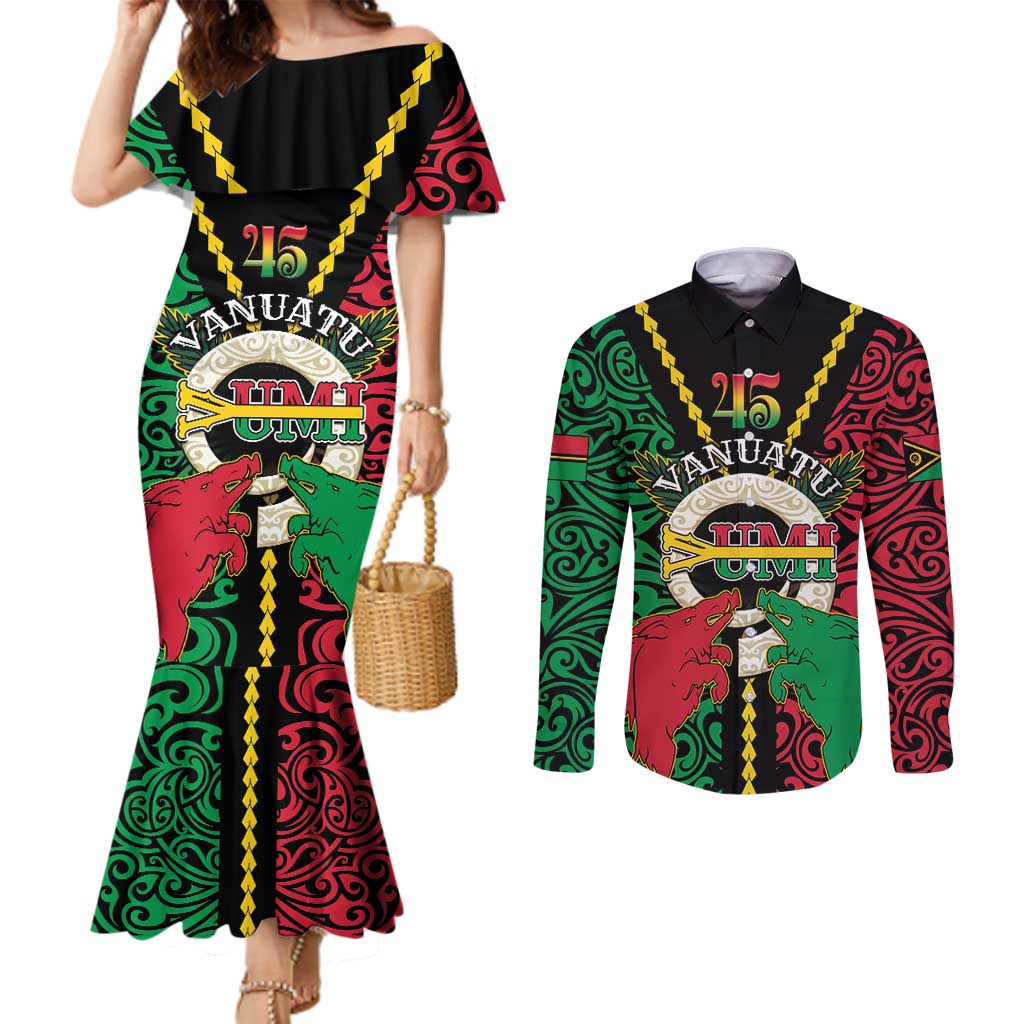 Vanuatu 45th Independence Day Couples Matching Mermaid Dress and Long Sleeve Button Shirt Long God Yumi Stanap Wild Boar LT05 Black - Polynesian Pride