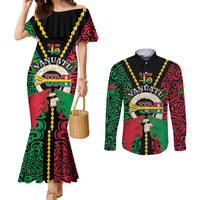 Vanuatu 45th Independence Day Couples Matching Mermaid Dress and Long Sleeve Button Shirt Long God Yumi Stanap Wild Boar LT05 Black - Polynesian Pride