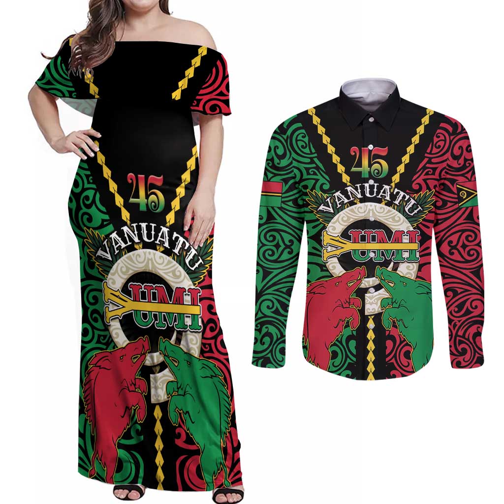 Vanuatu 45th Independence Day Couples Matching Off Shoulder Maxi Dress and Long Sleeve Button Shirt Long God Yumi Stanap Wild Boar LT05 Black - Polynesian Pride