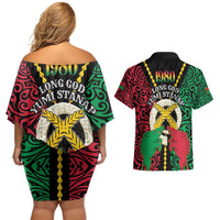 Vanuatu 45th Independence Day Couples Matching Off Shoulder Short Dress and Hawaiian Shirt Long God Yumi Stanap Wild Boar LT05 - Polynesian Pride