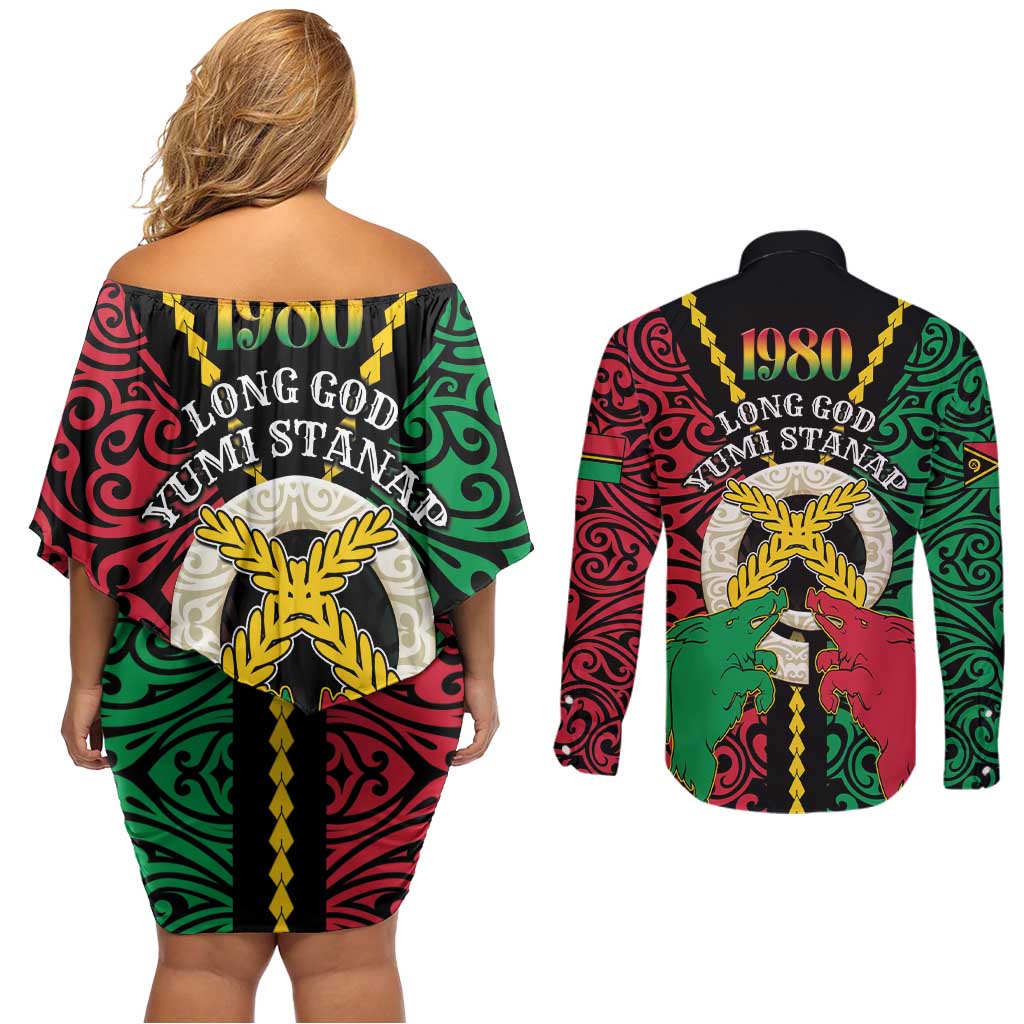 Vanuatu 45th Independence Day Couples Matching Off Shoulder Short Dress and Long Sleeve Button Shirt Long God Yumi Stanap Wild Boar LT05 - Polynesian Pride