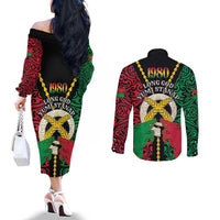 Vanuatu 45th Independence Day Couples Matching Off The Shoulder Long Sleeve Dress and Long Sleeve Button Shirt Long God Yumi Stanap Wild Boar LT05 - Polynesian Pride