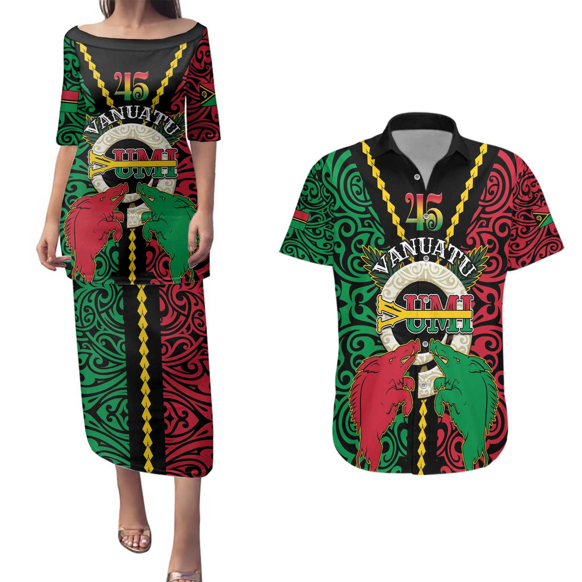 Vanuatu 45th Independence Day Couples Matching Puletasi and Hawaiian Shirt Long God Yumi Stanap Wild Boar LT05