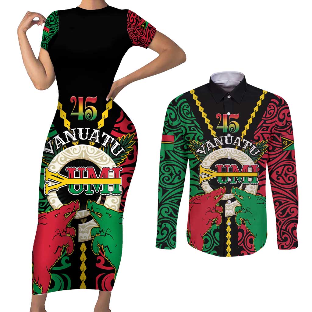 Vanuatu 45th Independence Day Couples Matching Short Sleeve Bodycon Dress and Long Sleeve Button Shirt Long God Yumi Stanap Wild Boar LT05 Black - Polynesian Pride