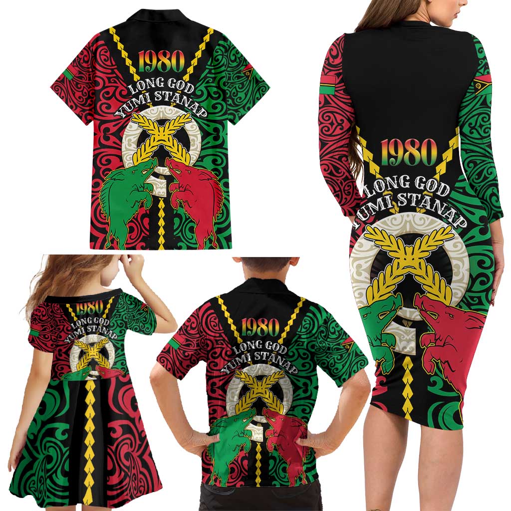 Vanuatu 45th Independence Day Family Matching Long Sleeve Bodycon Dress and Hawaiian Shirt Long God Yumi Stanap Wild Boar LT05